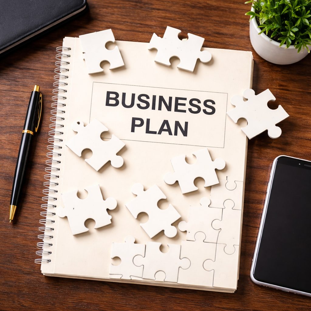 Business plan notebook with puzzle pieces representing key questions before starting a business