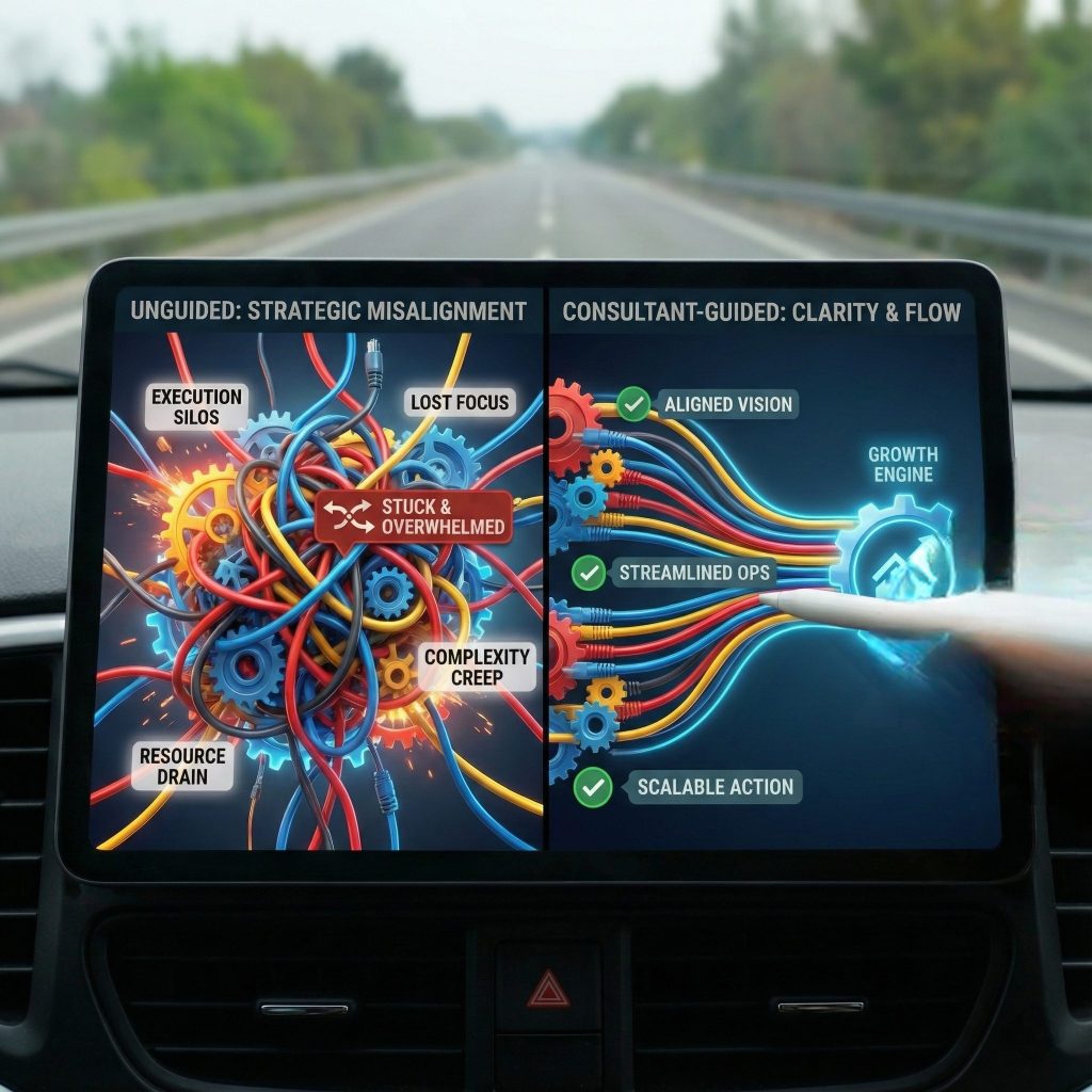 Infographic split-screen showing business strategy comparison. Left side labeled "UNGUIDED: STRATEGIC MISALIGNMENT" shows tangled wires and gears with text "Execution Silos," "Lost Focus," "Stuck & Overwhelmed," and "Resource Drain." Right side labeled "CONSULTANT-GUIDED: CLARITY & FLOW" shows organized, parallel wires leading to a "Growth Engine" icon with text "Aligned Vision," "Streamlined Ops," and "Scalable Action." A hand points to the guided side.