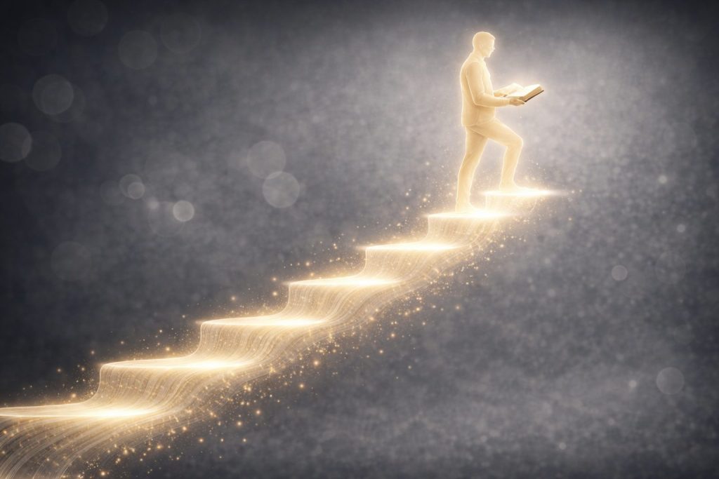 Knowledge flowing from a book to form steps of growth and personal insight